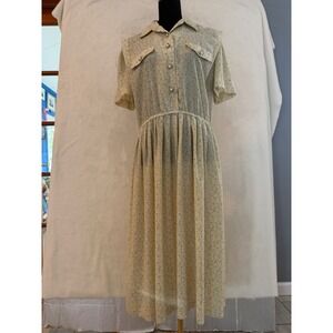 Vintage Leslie Fay Yellow Floral Shirt Dress Short Sleeve Elastic Waist Midi